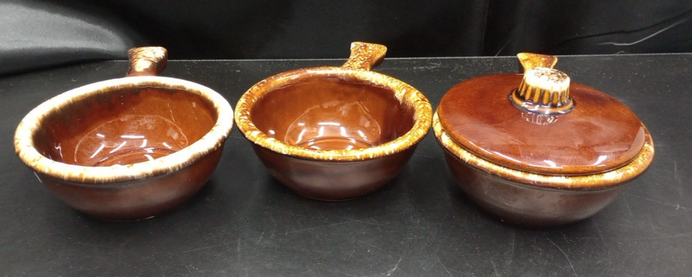 Hull Pottery Brown Drip 4pc Soup Chili Cup Bowl Lot 4 3/ 8" Oven Proof USA